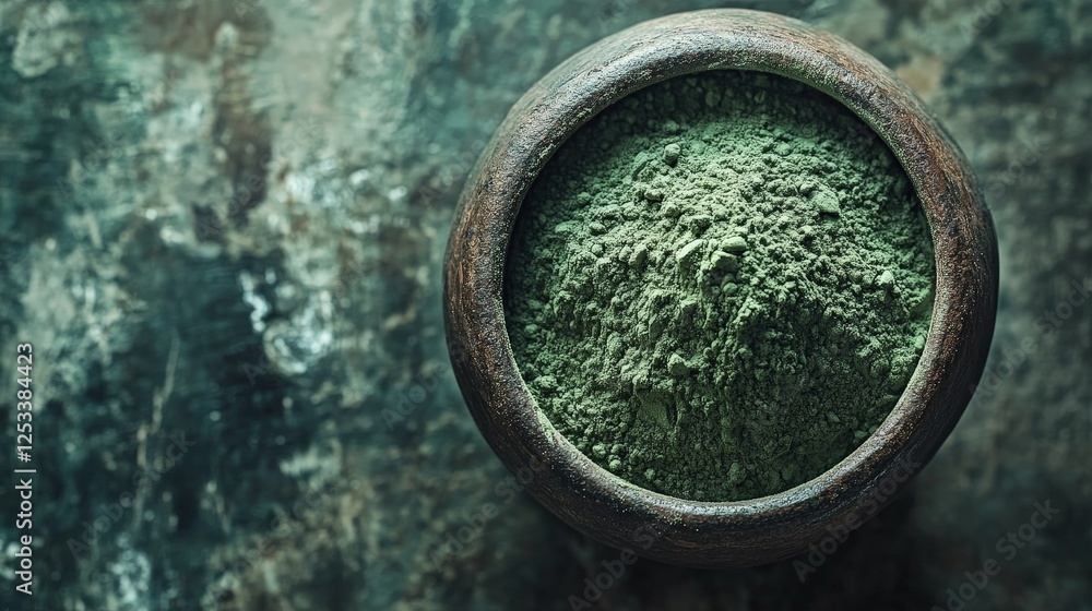 A wooden bowl filled with green powder on a textured surface, suggesting a natural substance. A wooden bowl filled with green powder on a textured surface, suggesting a natural substance.