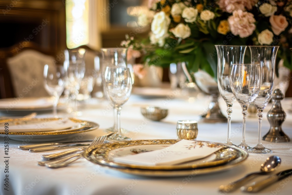 Elegant table setting with fine china and glassware Elegant table setting with fine china and glassware
