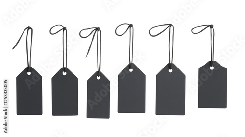 Set of black hangtags in different sizes arranged neatly, perfect for labeling