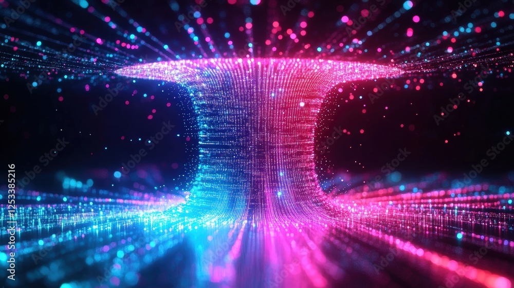 Obraz premium 5G technology wireless data transmission, high-speed internet. Information flow in abstract cyberspace. 3d illustration of big data digital funnel