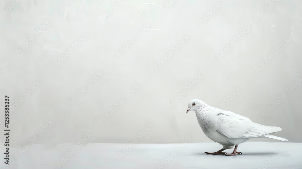 Obraz premium A graceful white dove stands on a solid white surface against a pale grey background.