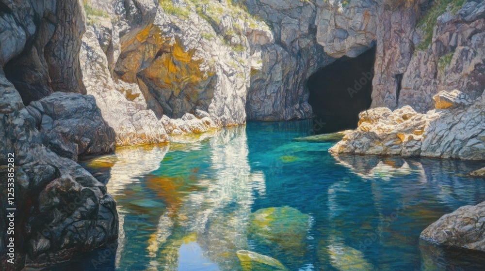 Fototapeta premium Serene Coastal Cave: A Tranquil Reflection in Azure Waters