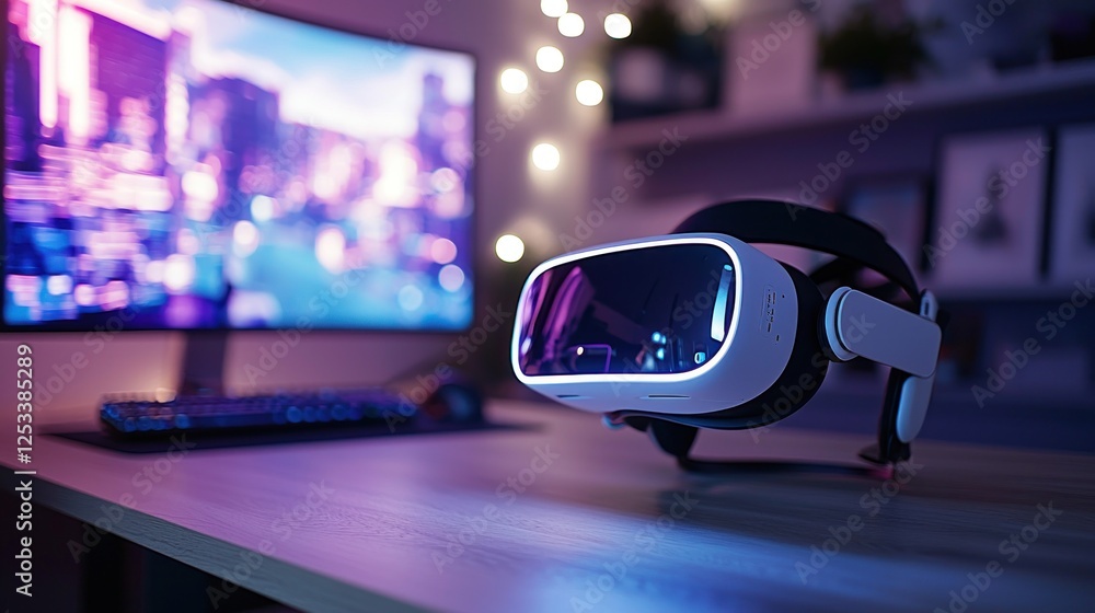 Virtual Reality Headset on a Desk with a Computer in the Background Virtual Reality Headset on a Desk with a Computer in the Background