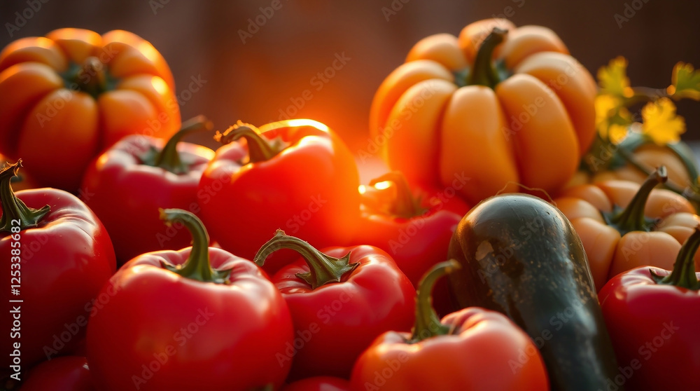 Warm golden hour light illuminating a group of fresh ripe vegetables; soft light, electric vivid colors, just after sunrise or before sunset Warm golden hour light illuminating a group of fresh ripe vegetables; soft light, electric vivid colors, just after sunrise or before sunset