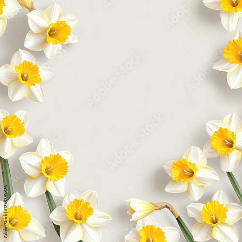 A circle of vibrant daffodils in white and yellow, set against a soft, neutral background, creating a fresh and cheerful atmosphere.