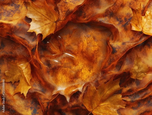 Autumnal Elegance: Golden Leaves and Textured Fabric Create Warm Ambiance photo