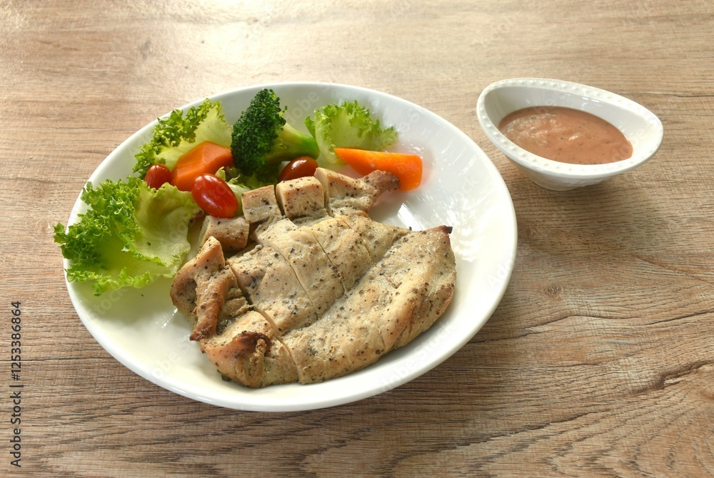 grilled slice chicken breast steak black pepper with barbecue sauce and baking vegetable salad on plate grilled slice chicken breast steak black pepper with barbecue sauce and baking vegetable salad on plate