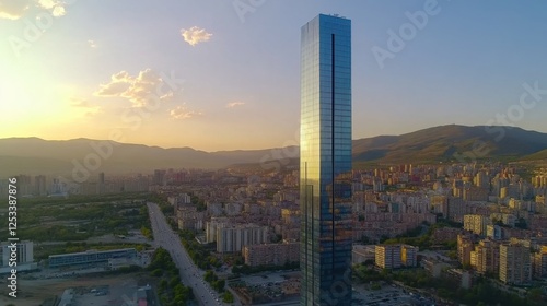 A towering glass skyscraper stands amidst a bustling cityscape, bathed in golden hour light, evoking urban elegance and modern grandeur.