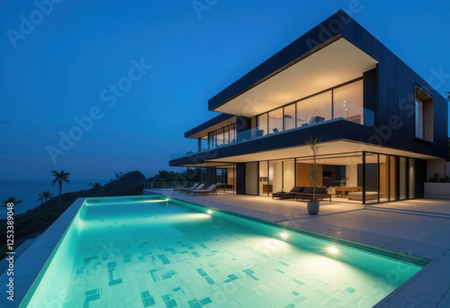 Wallpaper Mural Una villa moderna de alta gama con un piso superior en voladizo, un elegante exterior en blanco y negro, ventanales del piso al techo y una piscina infinita iluminada que refleja el suave cielo azul
 Torontodigital.ca