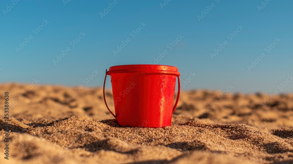 Red Plastic Bucket on Sandy Beach Red Plastic Bucket on Sandy Beach
