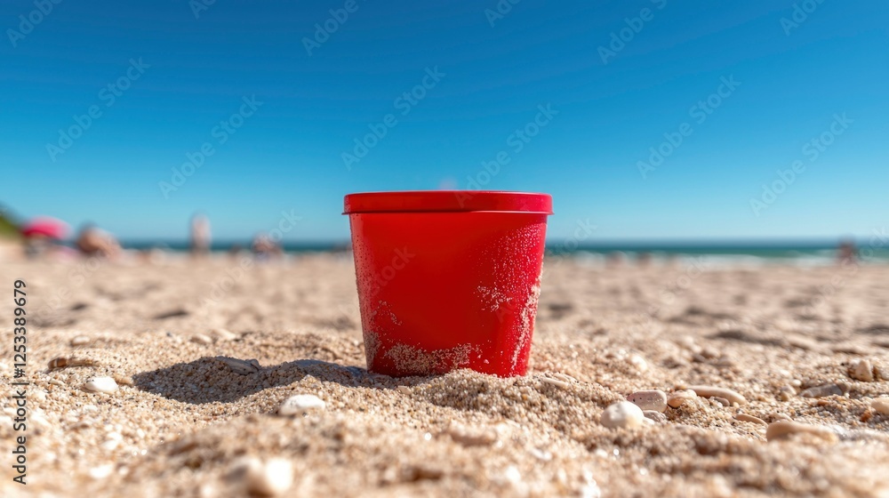 Red cup on beach sand, sunny day, people relaxing on shore, background shot Red cup on beach sand, sunny day, people relaxing on shore, background shot