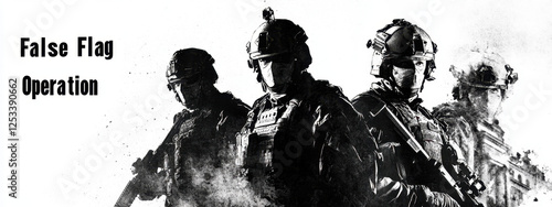 A monochrome depiction of armed soldiers in tactical gear, set against a dramatic black and white background with the text 'False Flag Operation'.