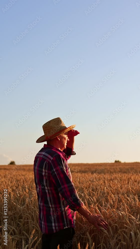 Caucasian mature farmer in a hat stops in the field. Man looks at his plantation covering eyes from setting sun. Vertical video Caucasian mature farmer in a hat stops in the field. Man looks at his plantation covering eyes from setting sun. Vertical video