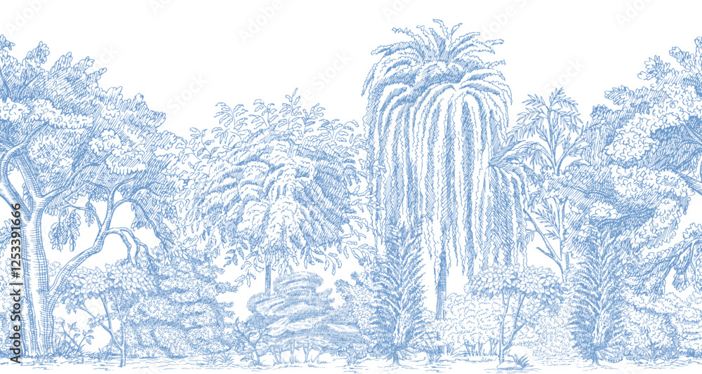 Obraz premium Blue toile forest with willow, oak tree mural. Classic landscape wallpaper. 