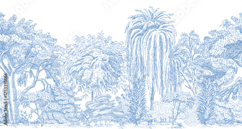 Blue toile forest with willow, oak tree mural. Classic landscape wallpaper.	