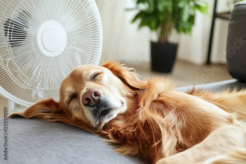 Golden retriever relaxing on couch in front of fan