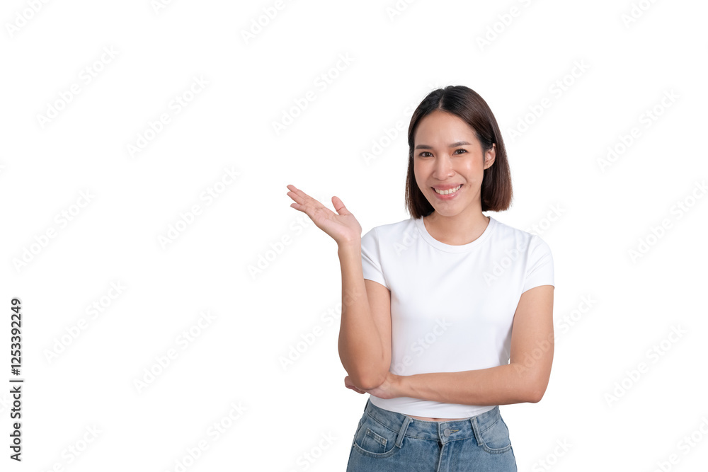A portrait of young female wear white t-shirt use finger point to present product A portrait of young female wear white t-shirt use finger point to present product