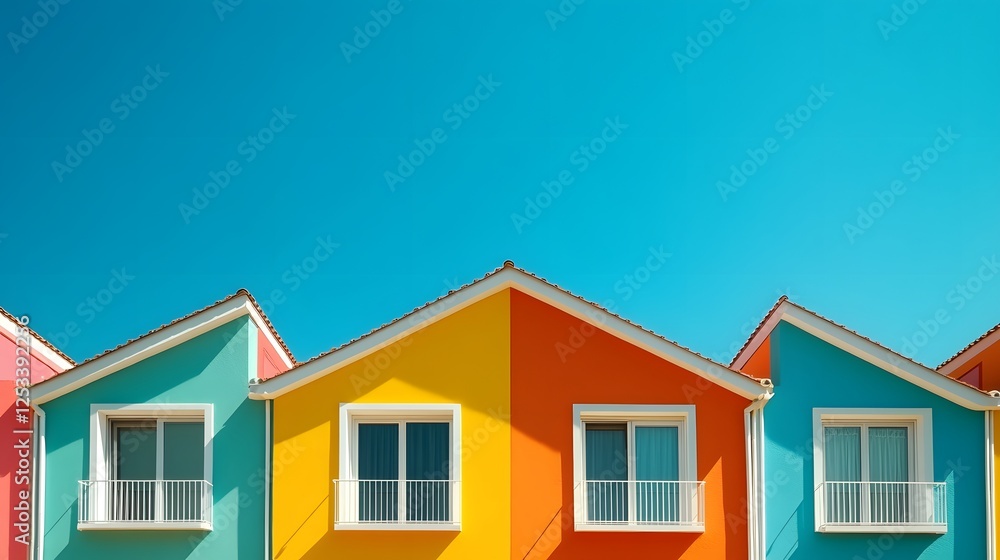 Colorful rooftops create geometric patterns against bright blue sky, showcasing pastel houses with windows in symmetrical arrangement of rainbow-colored modern architecture. Colorful rooftops create geometric patterns against bright blue sky, showcasing pastel houses with windows in symmetrical arrangement of rainbow-colored modern architecture.