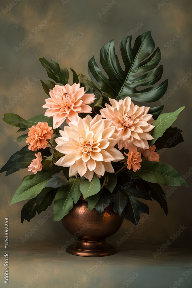 Luxurious dahlia and monstera tropical fusion arrangement Luxurious dahlia and monstera tropical fusion arrangement