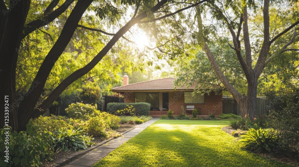 Tranquil suburban home embraced by greenery, bathed in soft natural light, radiating warmth and harmony. Tranquil suburban home embraced by greenery, bathed in soft natural light, radiating warmth and harmony.