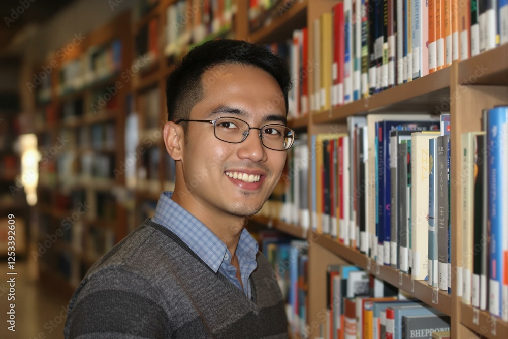Intellectual Asian Male Portrait in Library Setting Intellectual Asian Male Portrait in Library Setting