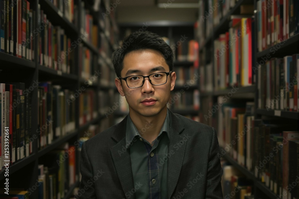 Portrait of an Asian Male Reading in a Library Portrait of an Asian Male Reading in a Library