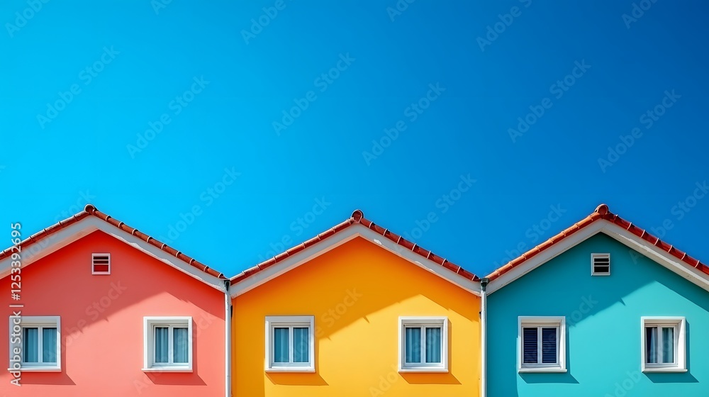 Colorful rooftops create geometric patterns against bright blue sky, showcasing pastel houses with windows in symmetrical arrangement of rainbow-colored modern architecture. Colorful rooftops create geometric patterns against bright blue sky, showcasing pastel houses with windows in symmetrical arrangement of rainbow-colored modern architecture.