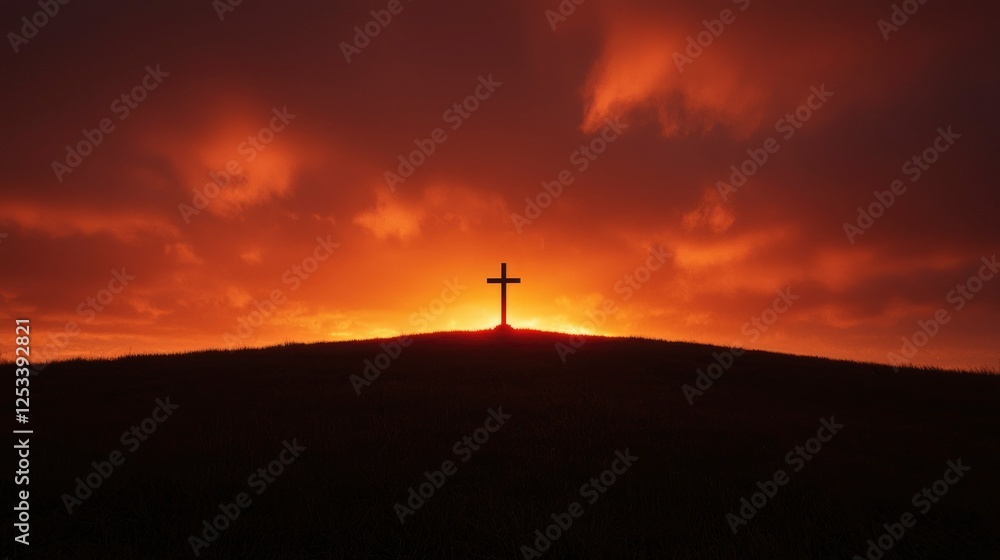 Religious cross at sunrise on a hill Religious cross at sunrise on a hill