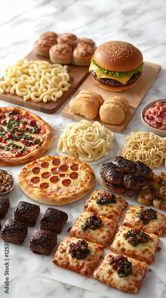 Assortment Of Various Foods On Marble Surface Assortment Of Various Foods On Marble Surface
