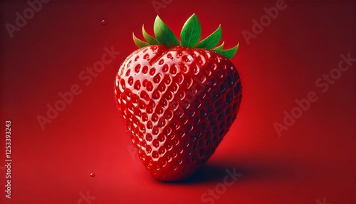 Photorealistic Ripe Strawberry Close-Up on Red Background