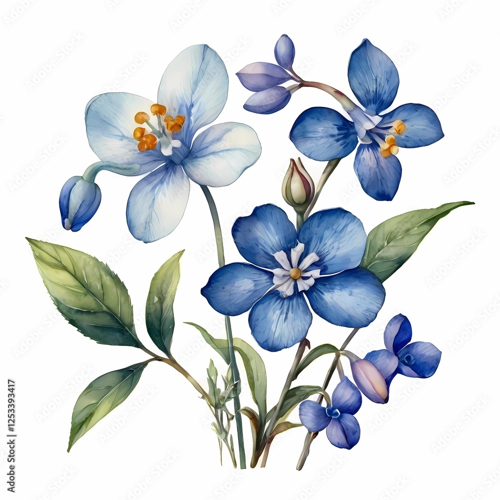 Fototapeta premium Big set with buds, flowers, twigs and leaves of pimpernel in watercolor illustration. This set is well suited for your various projects: creating cards, invitations, wedding design and many others