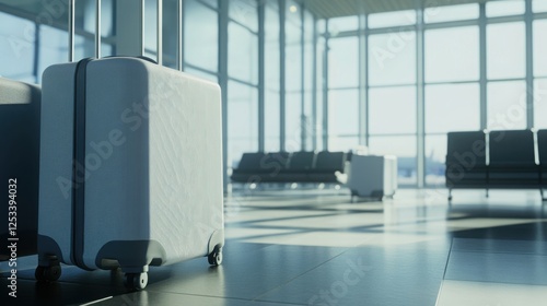 Suitcases in an airport lounge, natural light enhancing textures, symbolizing travel and adventure.