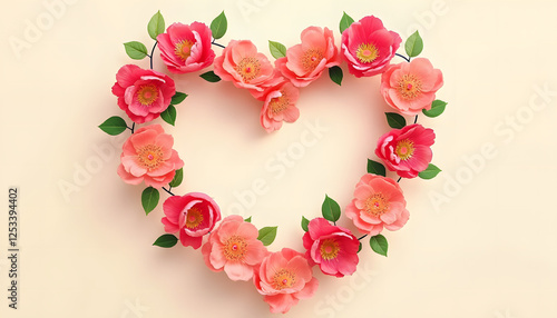 Floral heart arrangement, bright and romantic, on soft pastel background, copy space