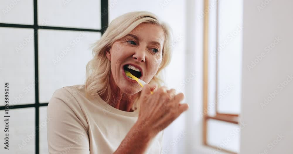 Bathroom, morning and mature woman brushing teeth for oral hygiene, fresh breath and getting ready. Health, wellness and senior person with toothbrush for dental care, cleaning and grooming in home Bathroom, morning and mature woman brushing teeth for oral hygiene, fresh breath and getting ready. Health, wellness and senior person with toothbrush for dental care, cleaning and grooming in home
