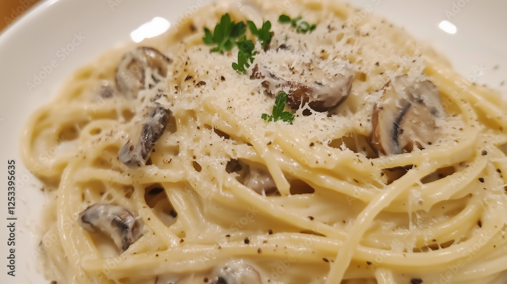Gourmet pasta with cream sauce, truffle mushrooms, and cheese