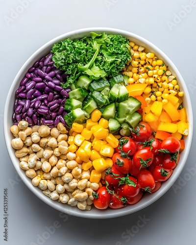 Overhead view of a rainbow salad bowl with proteinrich toppings, a delicious and nutrientdense meal option photo