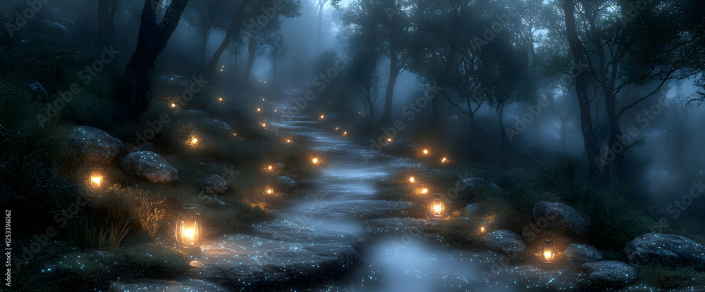 Glowing Path In Mystical Forest At Night Glowing Path In Mystical Forest At Night