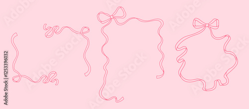 Valentines day elegant greeting cards template. Cute line art hand drawn bow ribbon heart frame. Romantic love drawing. Coquette, flirtation, girly concept. Menu, wedding, Birthday invitation design