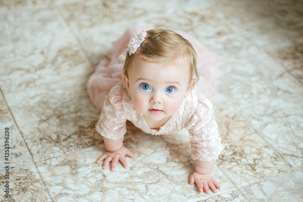 Baby girl with blue eyes learns to crawl. Baby girl with blue eyes learns to crawl.