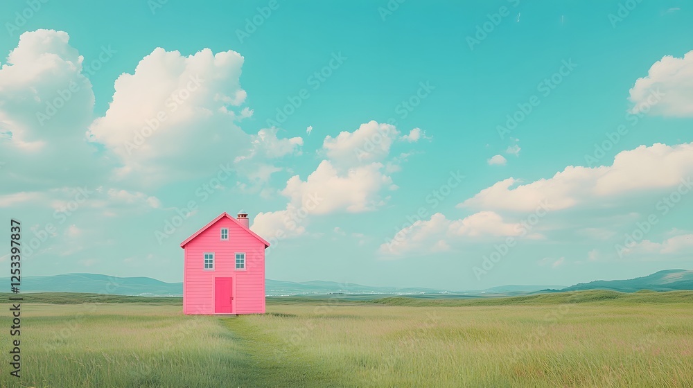 Pink lighthouse stands prominently on vast green grassland beneath bright blue sky with fluffy white clouds, embodying minimalist architecture in peaceful countryside setting. Pink lighthouse stands prominently on vast green grassland beneath bright blue sky with fluffy white clouds, embodying minimalist architecture in peaceful countryside setting.