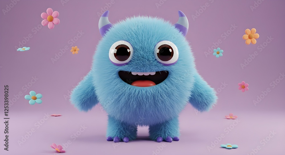 Fototapeta premium Lindo personaje de dibujos animados 3D de monstruo peludo azul 