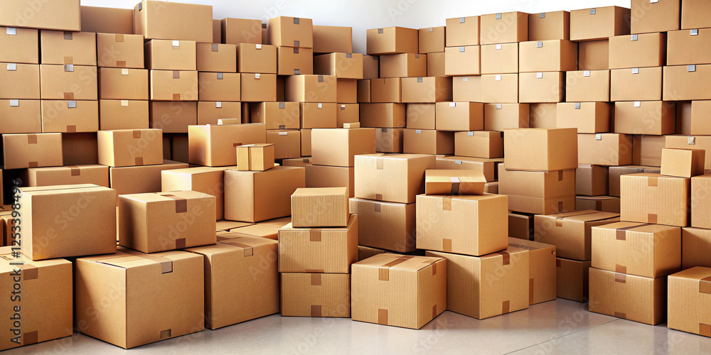 Numerous cardboard boxes of various sizes are neatly piled throughout a bright storage area, casting shadows on the smooth floor under natural light Numerous cardboard boxes of various sizes are neatly piled throughout a bright storage area, casting shadows on the smooth floor under natural light