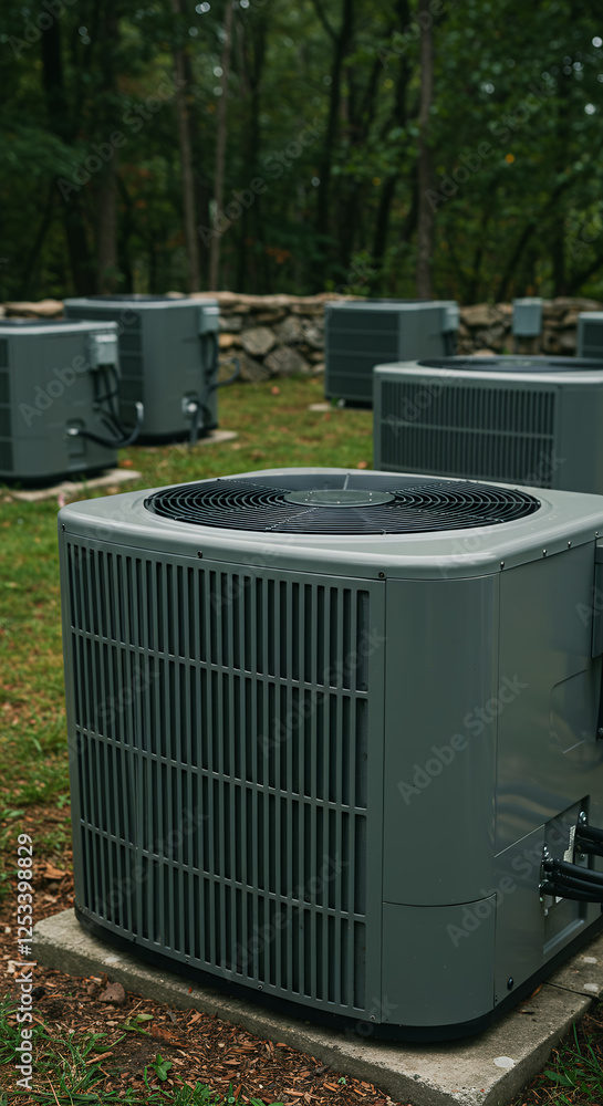 Central AC Units: Modern Climate Control, Energy Efficiency & Home Cooling. Multiple Units for Large Spaces, HVAC Systems in Outdoor Setting