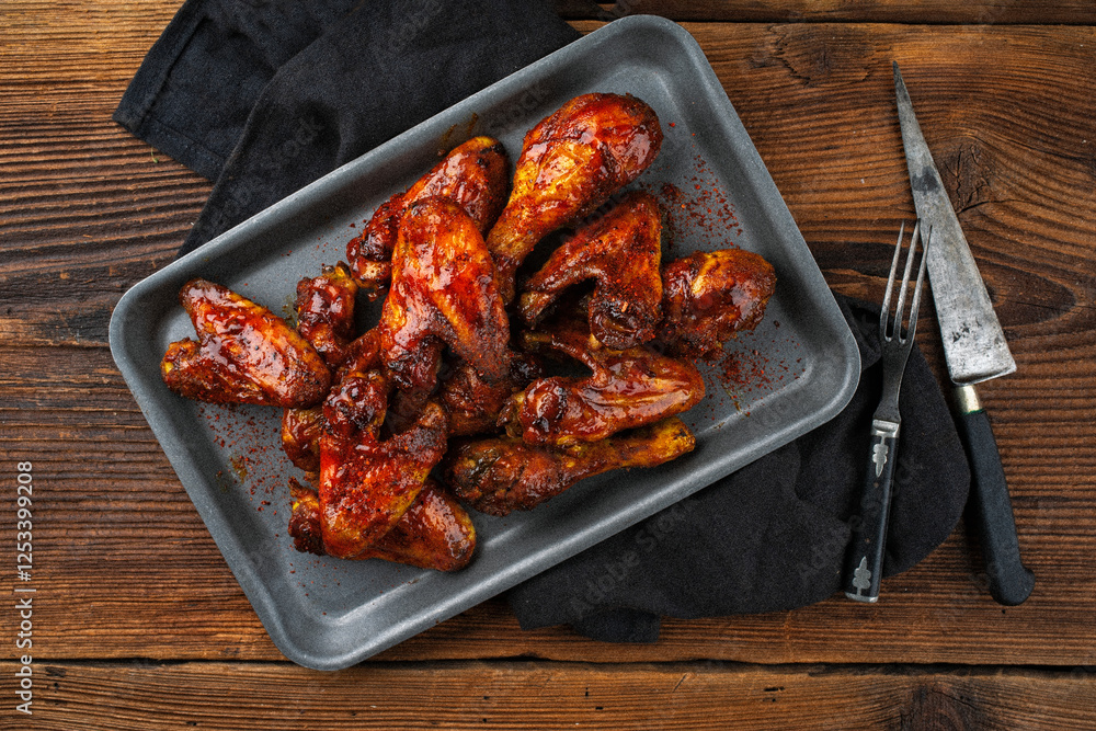 Authentical barbecue chicken wings and drumsticks with hot chili sauce as marinade served as top view in a rustic backing sheet with copy space Authentical barbecue chicken wings and drumsticks with hot chili sauce as marinade served as top view in a rustic backing sheet with copy space