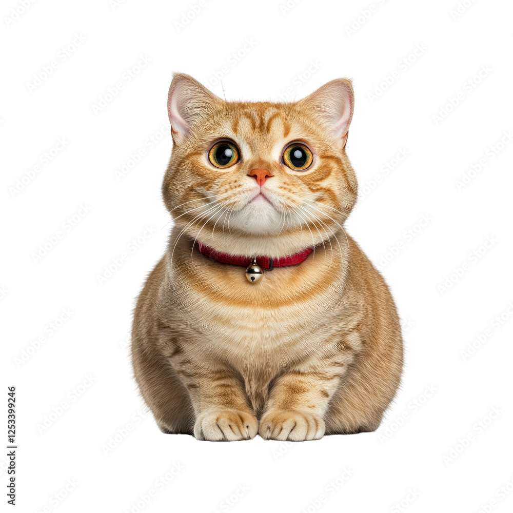 Fototapeta premium Adorable Ginger Cat with Red Collar and Bell, Sitting and Looking Up