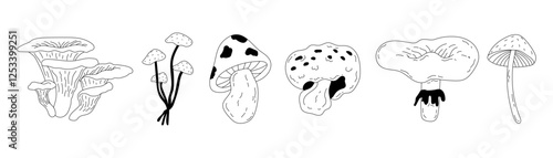 Cute Playful Autumn Mushroom Outline Doodle Illustration. Whimsical Fall Hand Drawn Art. Poisonous and Edible Mushrooms. Vector Stock Illustration