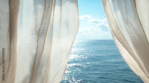 Fototapeta Naklejka Na Ścianę i Meble -  A soft linen curtain blowing in the wind, revealing a view of the endless ocean beyond