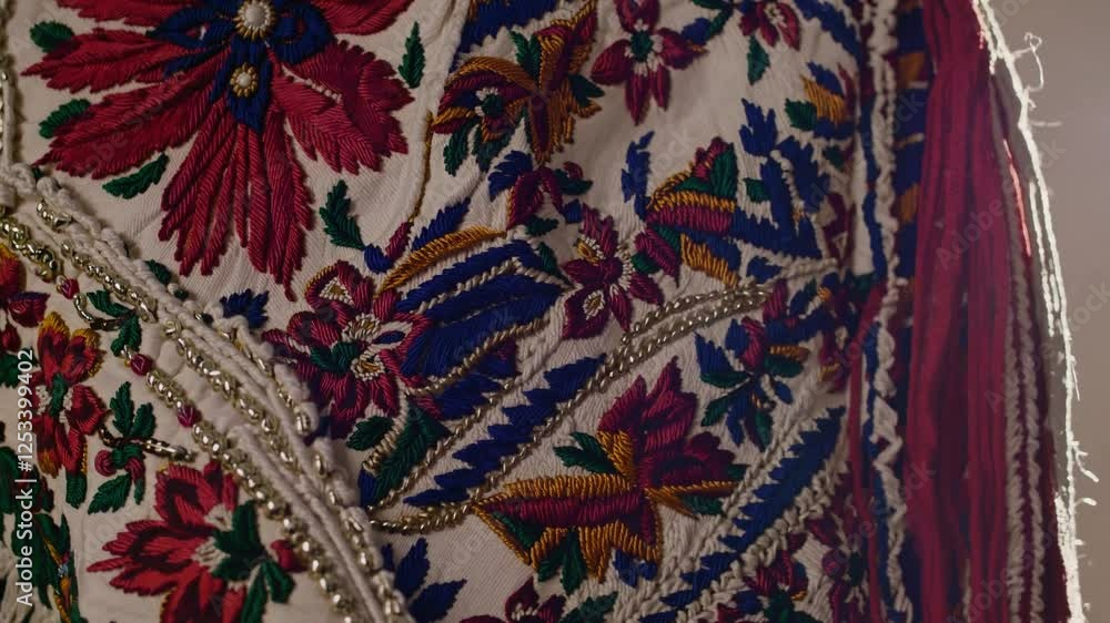 Intricate floral embroidery on traditional garment with beaded embellishments. Intricate floral embroidery on traditional garment with beaded embellishments.
