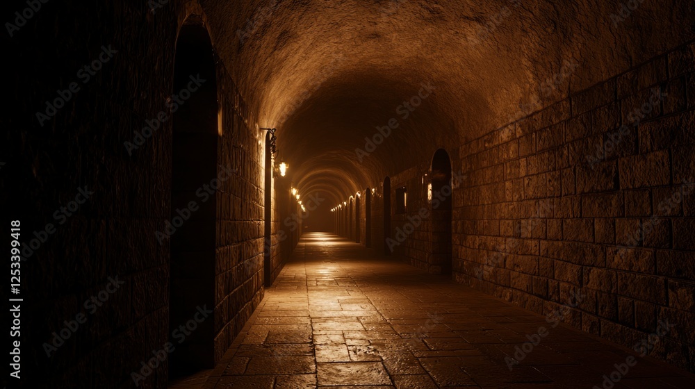 Dark tunnel walkway, stone walls, dim light, underground passage, historical site, possible use stock photo Dark tunnel walkway, stone walls, dim light, underground passage, historical site, possible use stock photo
