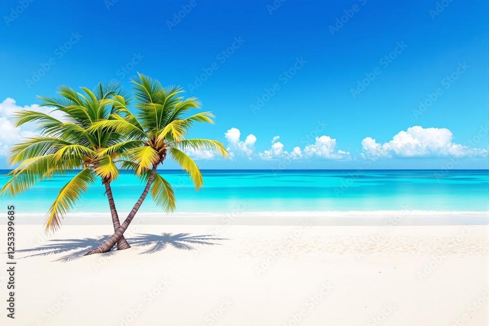 Tropical beach with vibrant palm trees and turquoise sea under a bright blue sky. Tropical beach with vibrant palm trees and turquoise sea under a bright blue sky.